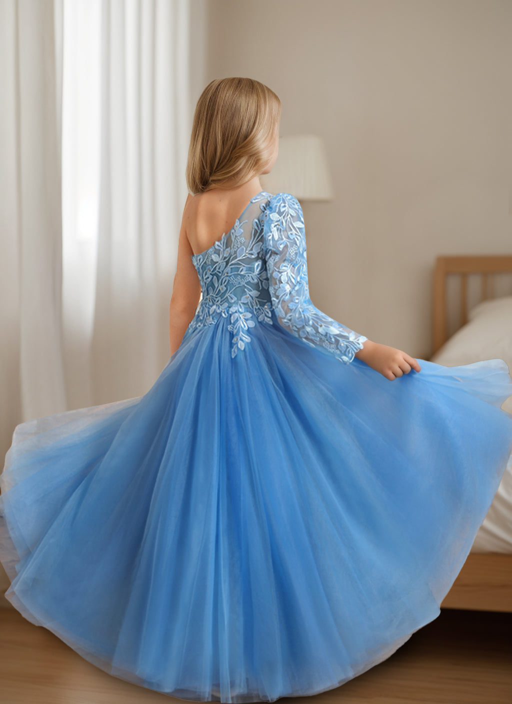 A-Line/Princess One-Shoulder Floor-Length Flower Girl Dress with Appliques