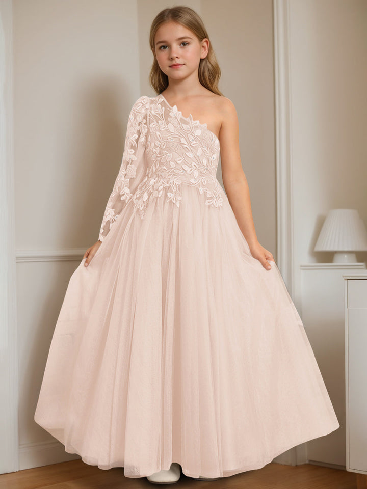 A-Line/Princess One-Shoulder Floor-Length Flower Girl Dress with Appliques