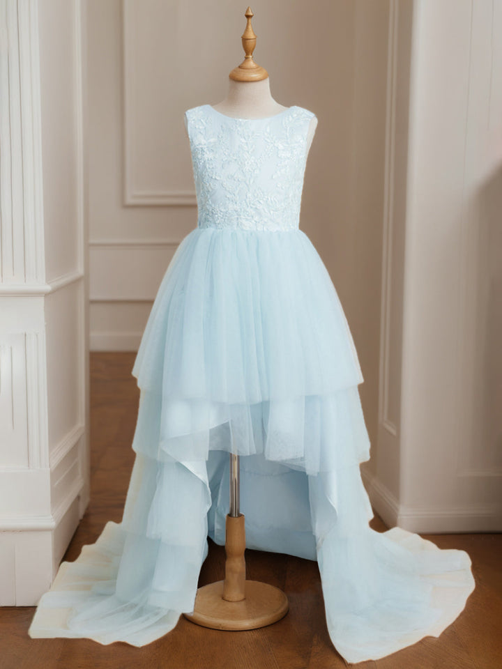 Ball-Gown Scoop Neck Sleeveless Asymmetrical Sweep Train Flower Girl Dress with Lace