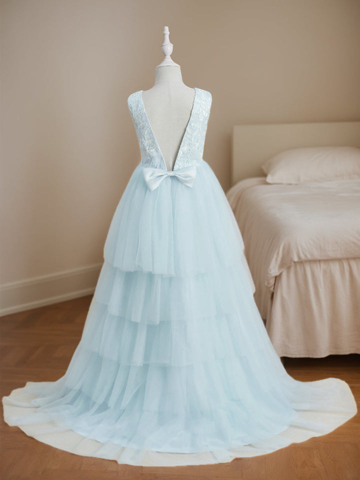 Ball-Gown Scoop Neck Sleeveless Asymmetrical Sweep Train Flower Girl Dress with Lace