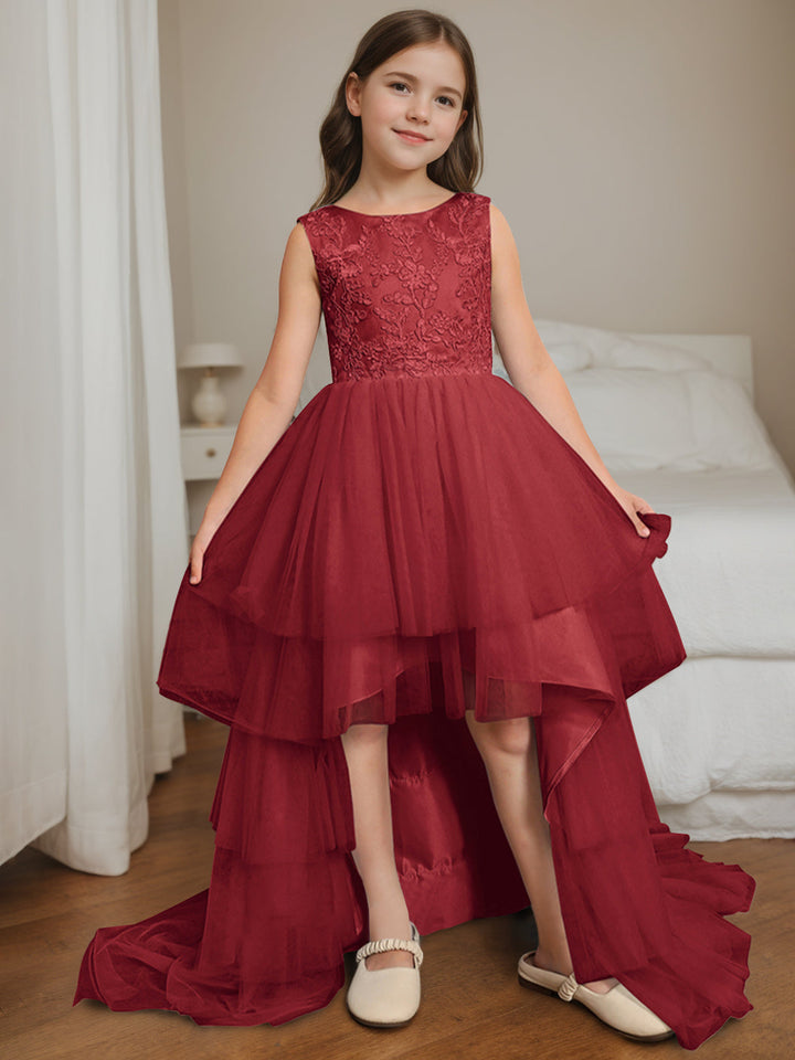 Ball-Gown Scoop Neck Sleeveless Asymmetrical Sweep Train Flower Girl Dress with Lace