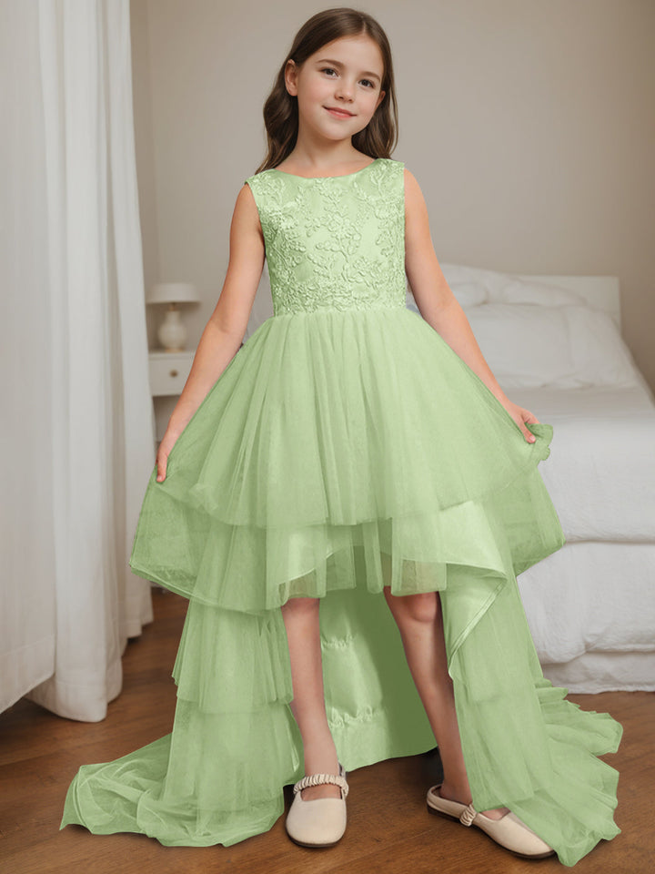 Ball-Gown Scoop Neck Sleeveless Asymmetrical Sweep Train Flower Girl Dress with Lace