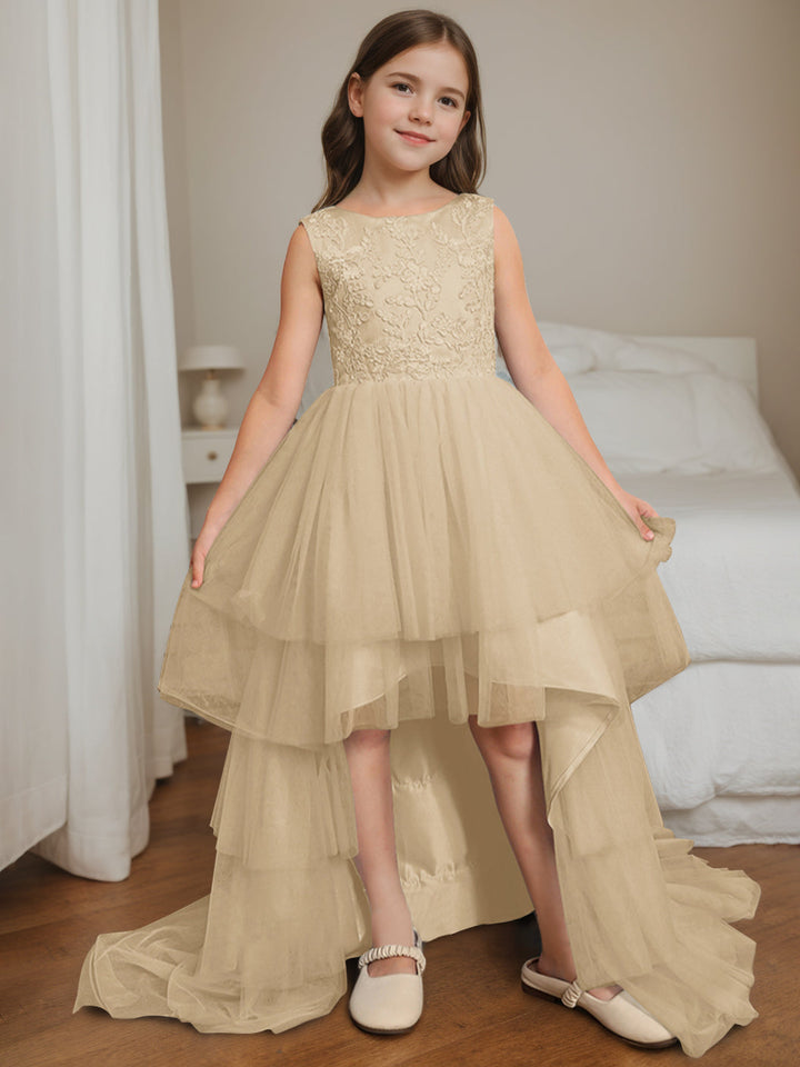 Ball-Gown Scoop Neck Sleeveless Asymmetrical Sweep Train Flower Girl Dress with Lace