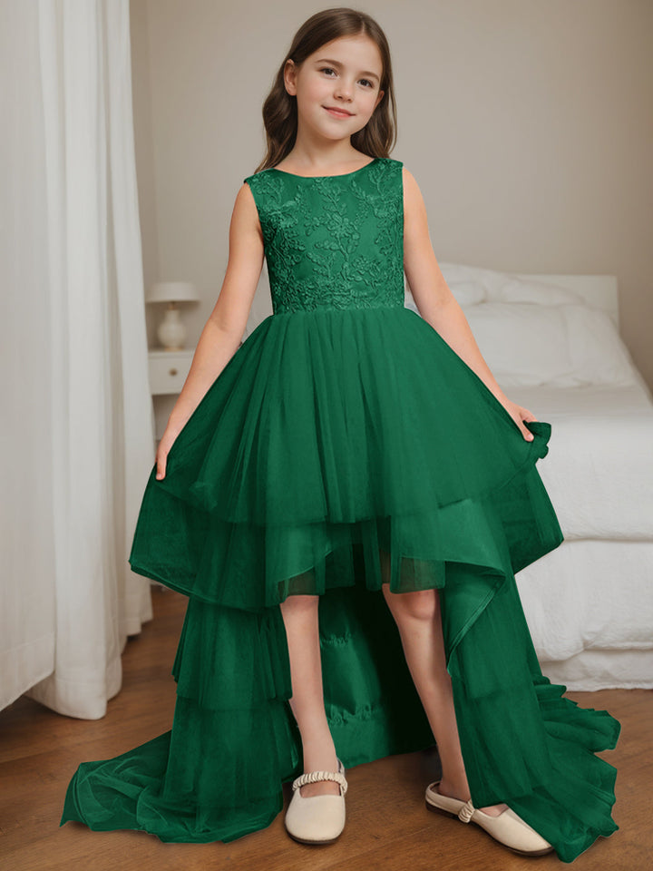 Ball-Gown Scoop Neck Sleeveless Asymmetrical Sweep Train Flower Girl Dress with Lace