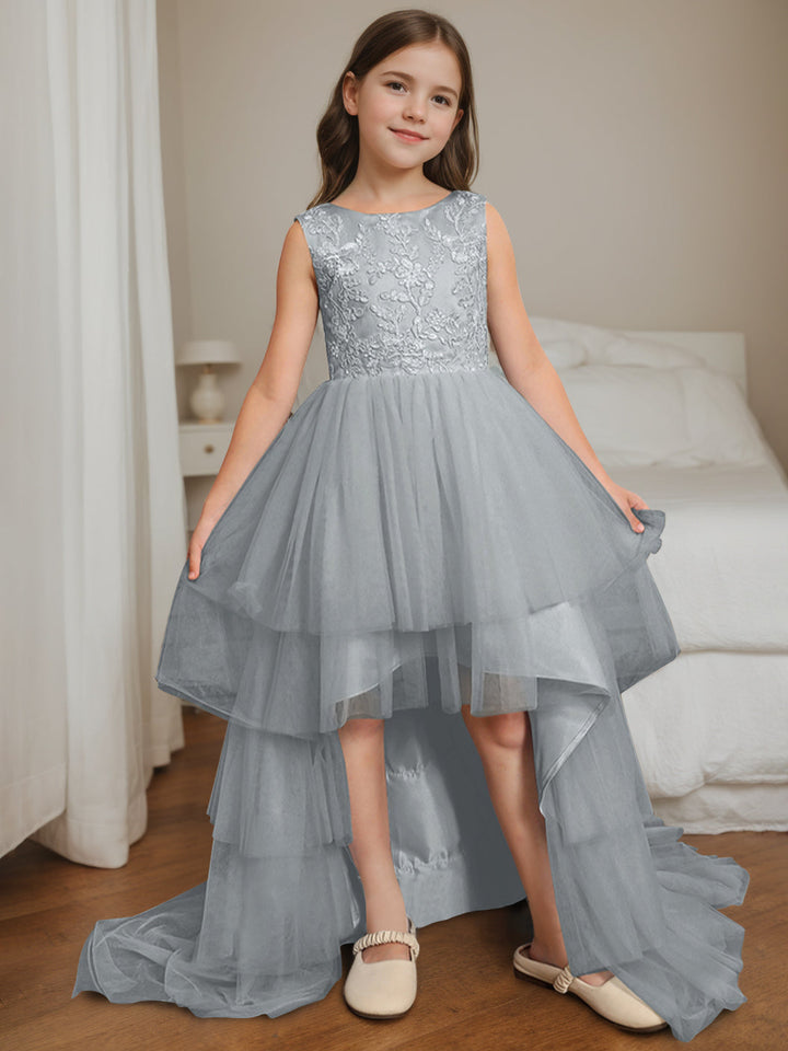 Ball-Gown Scoop Neck Sleeveless Asymmetrical Sweep Train Flower Girl Dress with Lace