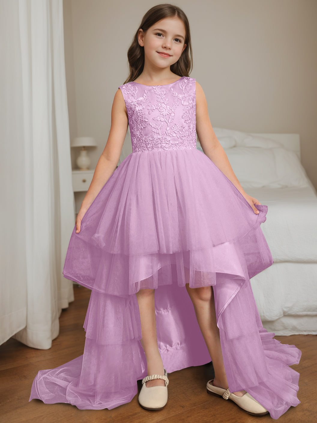 Ball-Gown Scoop Neck Sleeveless Asymmetrical Sweep Train Flower Girl Dress with Lace