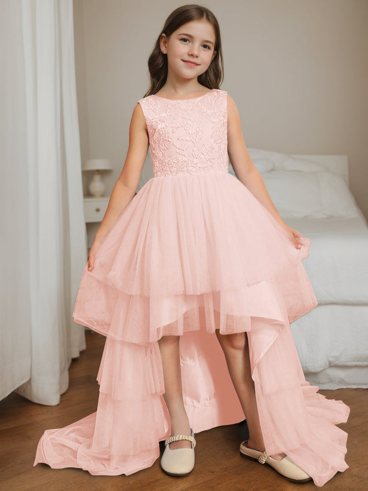 Ball-Gown Scoop Neck Sleeveless Asymmetrical Sweep Train Flower Girl Dress with Lace