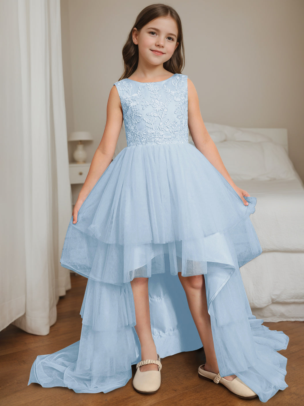 Ball-Gown Scoop Neck Sleeveless Asymmetrical Sweep Train Flower Girl Dress with Lace