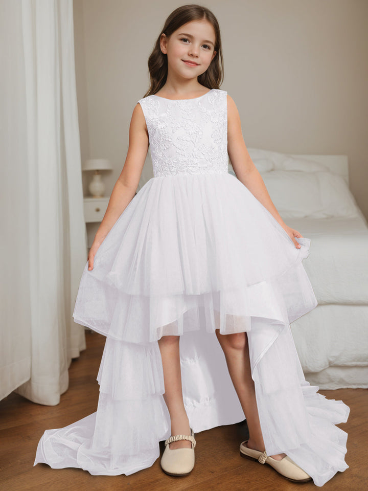 Ball-Gown Scoop Neck Sleeveless Asymmetrical Sweep Train Flower Girl Dress with Lace