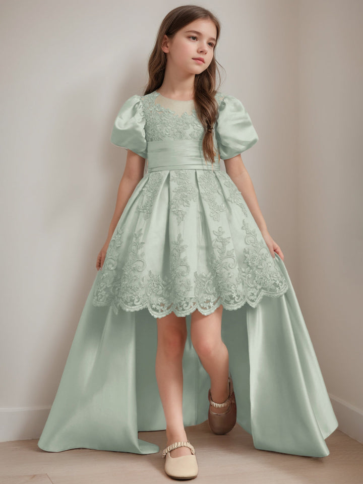 Ball-Gown Scoop Neck Short Sleeves Knee-Length Flower Girl Dress with Appliques