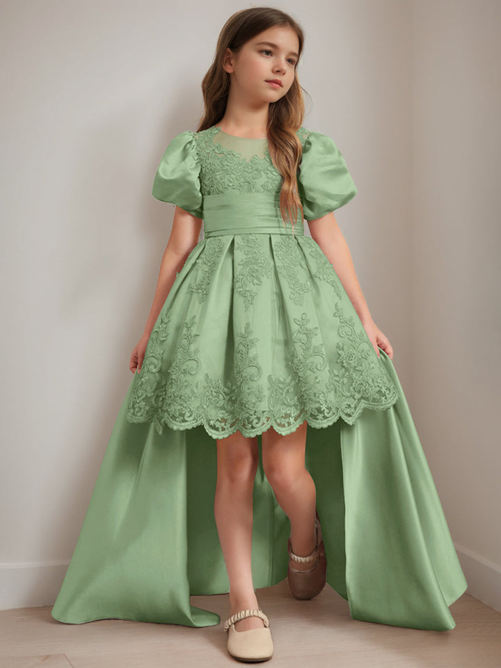 Ball-Gown Scoop Neck Short Sleeves Knee-Length Flower Girl Dress with Appliques