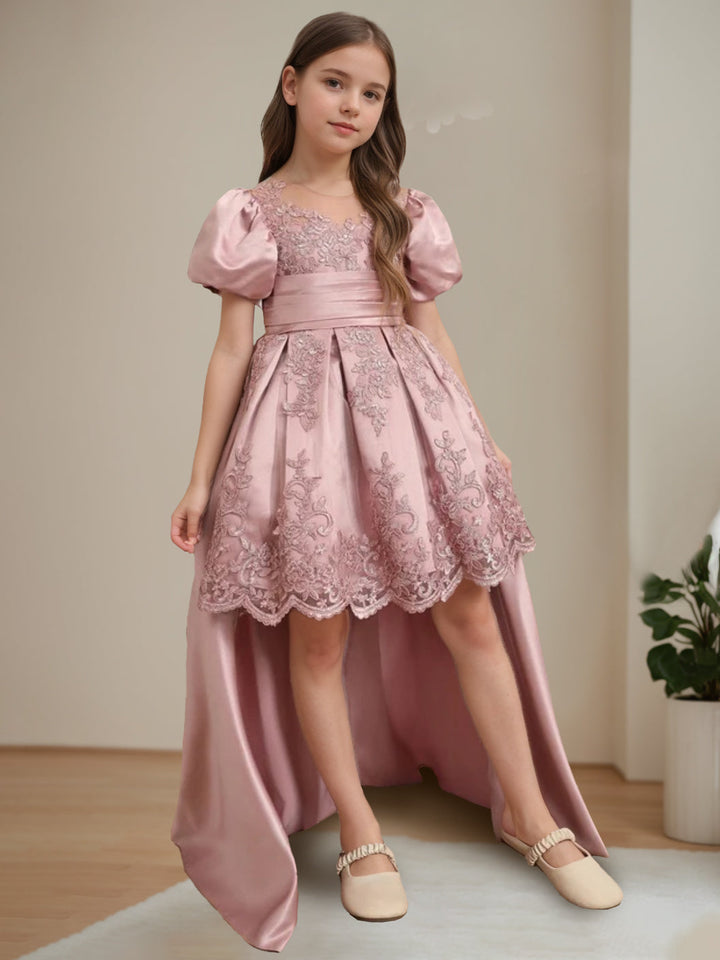 Ball-Gown Scoop Neck Short Sleeves Knee-Length Flower Girl Dress with Appliques