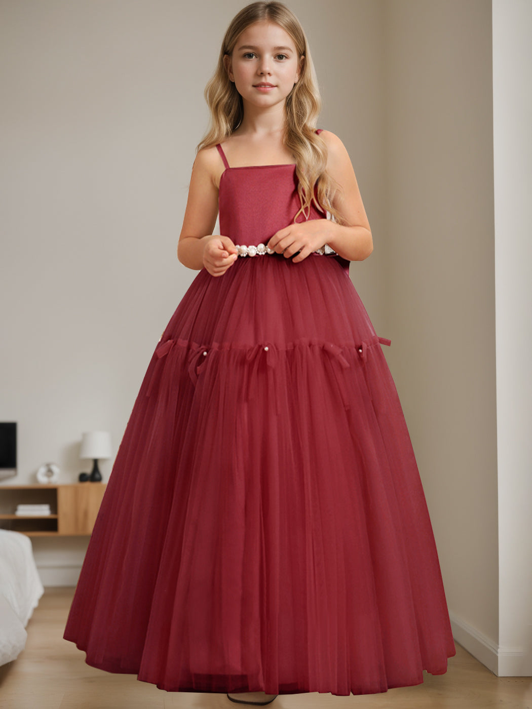 A-Line/Princess Square Neck Sleeveless Floor-Length Flower Girl Dress with Beading