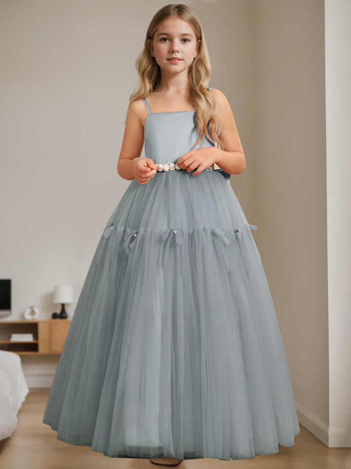 A-Line/Princess Square Neck Sleeveless Floor-Length Flower Girl Dress with Beading