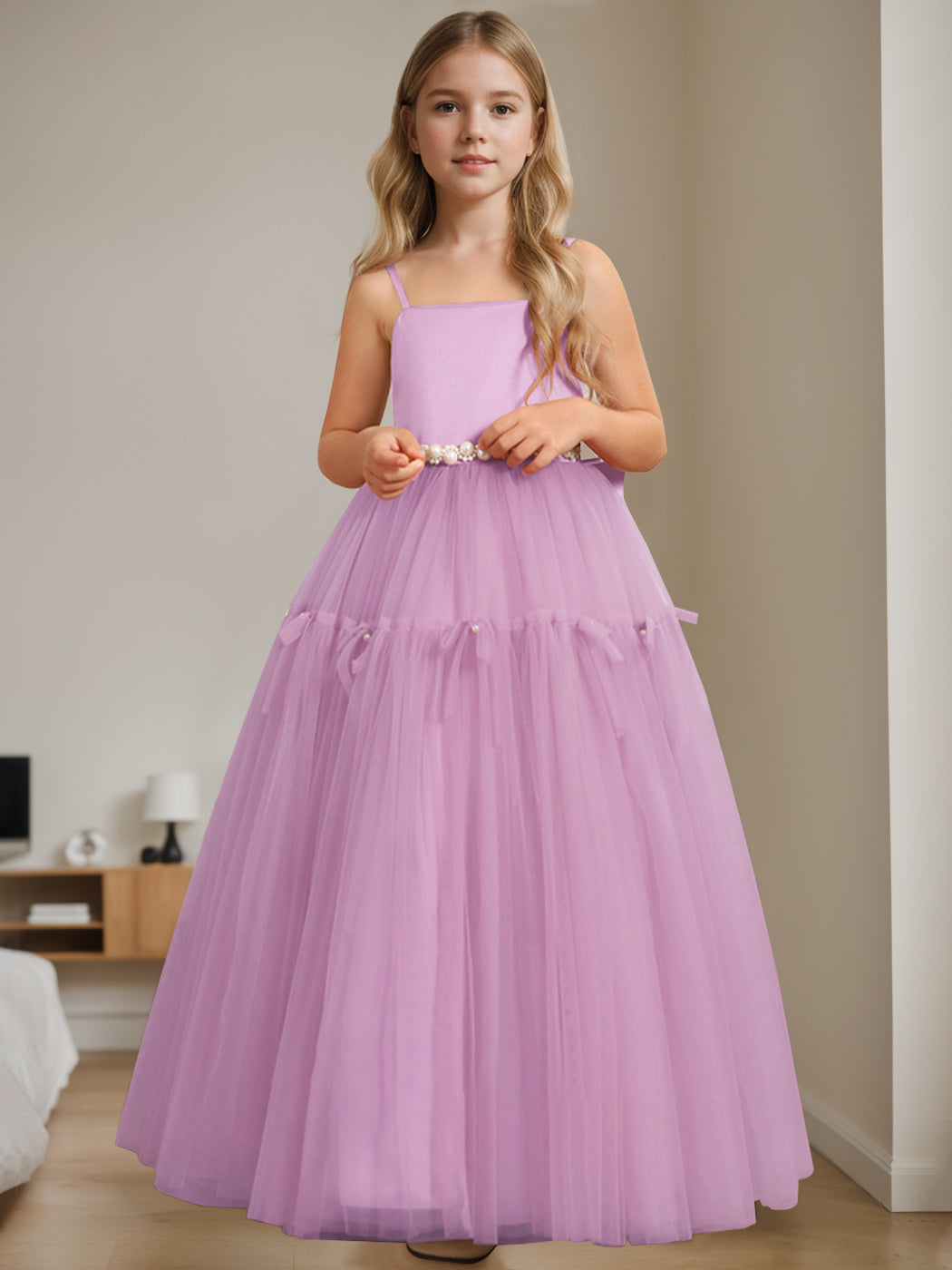 A-Line/Princess Square Neck Sleeveless Floor-Length Flower Girl Dress with Beading