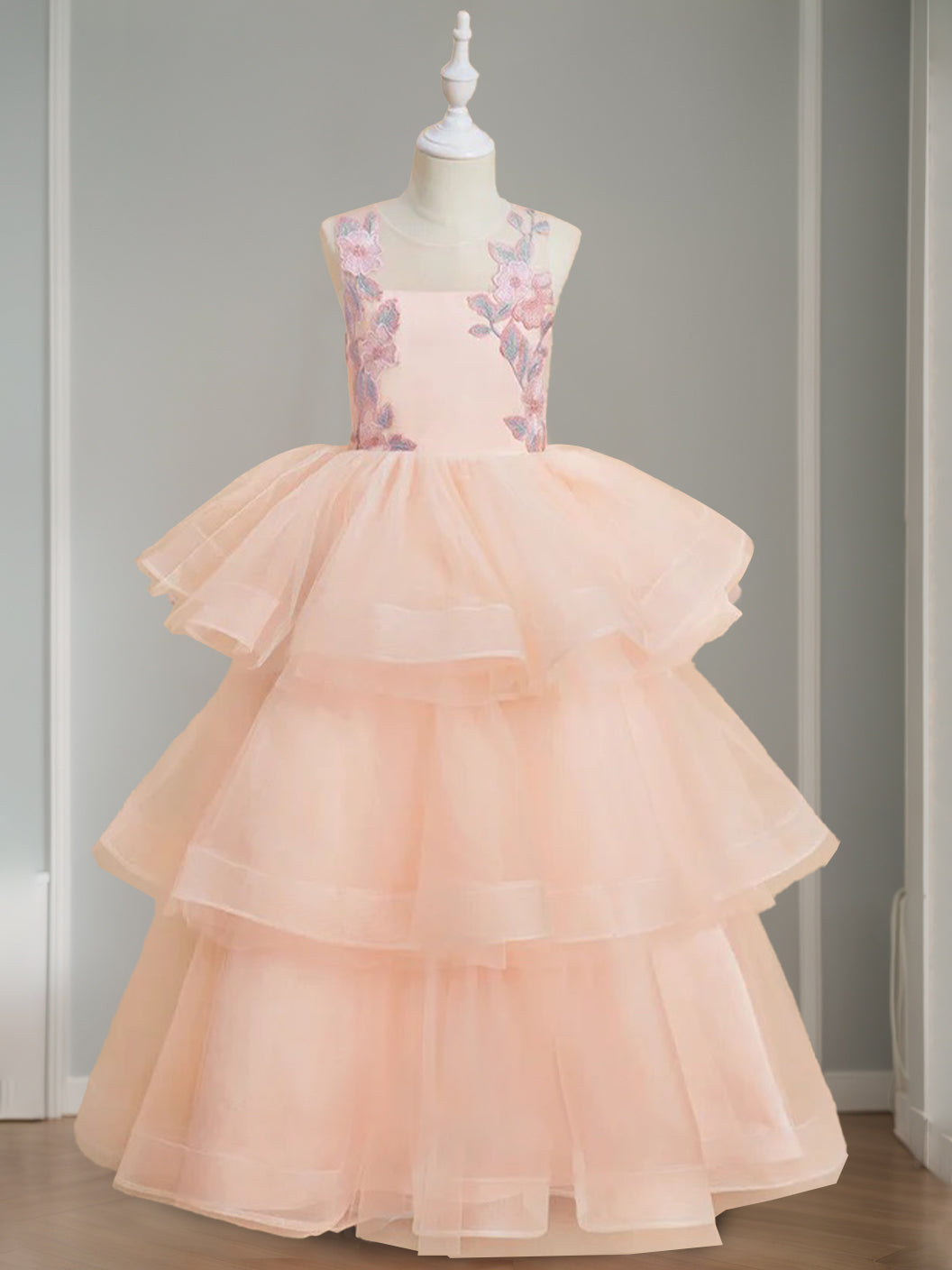 Ball-Gown Scoop Neck Sleeveless Floor-Length Flower Girl Dress with Lace & Appliques