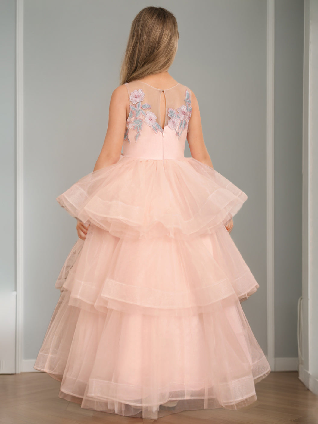 Ball-Gown Scoop Neck Sleeveless Floor-Length Flower Girl Dress with Lace & Appliques