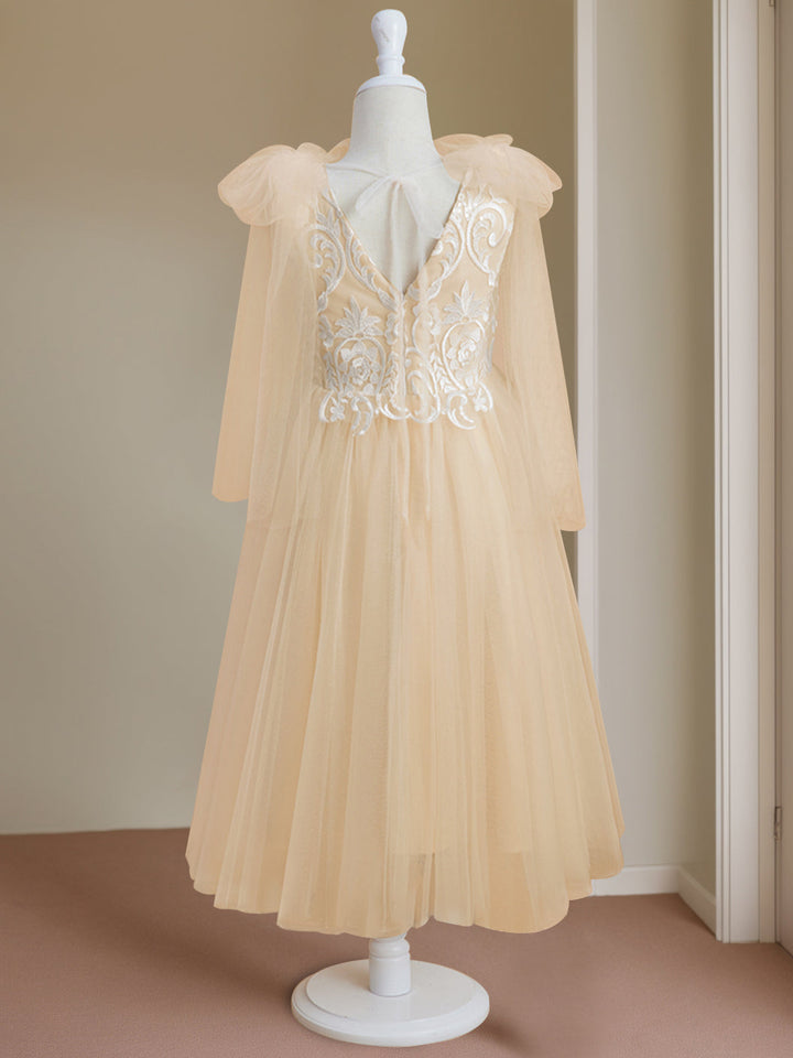 A-Line/Princess V-Neck Sleeveless Tea-Length Flower Girl Dress with Lace