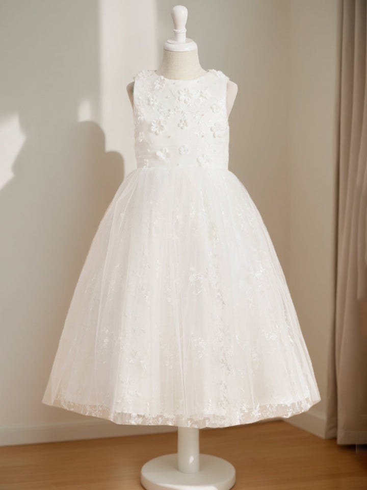 A-Line/Princess Scoop Neck Sleeveless Tea-Length Flower Girl Dress with Beading