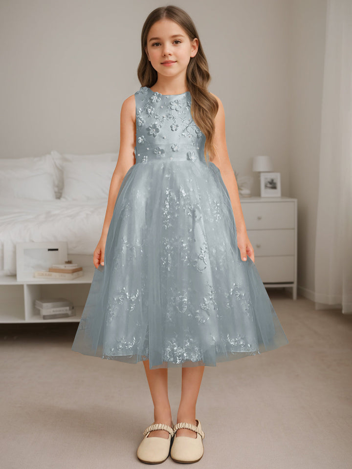 A-Line/Princess Scoop Neck Sleeveless Tea-Length Flower Girl Dress with Beading