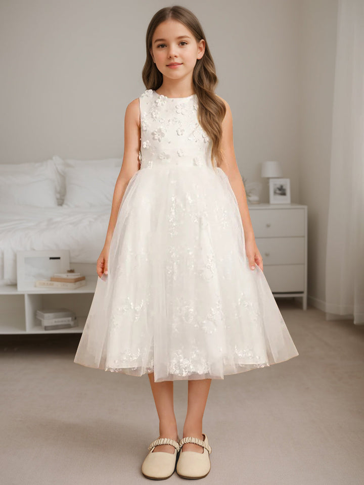 A-Line/Princess Scoop Neck Sleeveless Tea-Length Flower Girl Dress with Beading