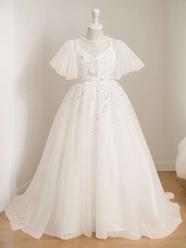 Ball-Gown Jewel Neck Short Sleeves Floor-Length Flower Girl Dress with Lace