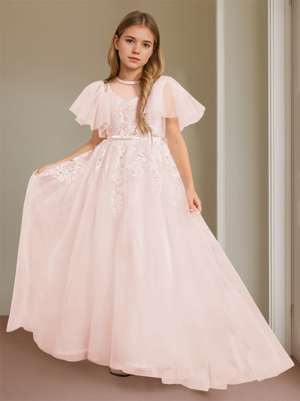 Ball-Gown Jewel Neck Short Sleeves Floor-Length Flower Girl Dress with Lace