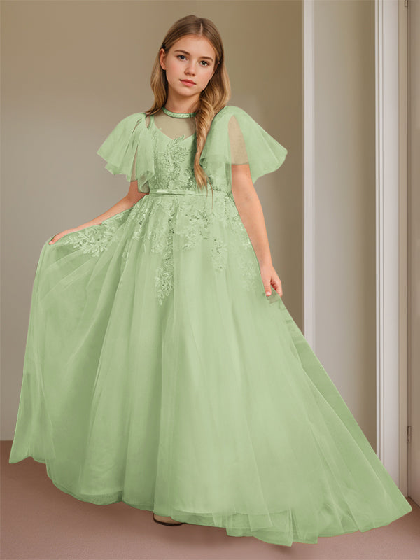 Ball-Gown Jewel Neck Short Sleeves Floor-Length Flower Girl Dress with Lace