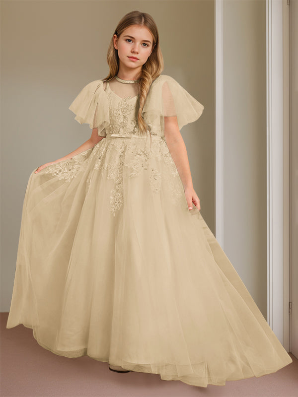 Ball-Gown Jewel Neck Short Sleeves Floor-Length Flower Girl Dress with Lace