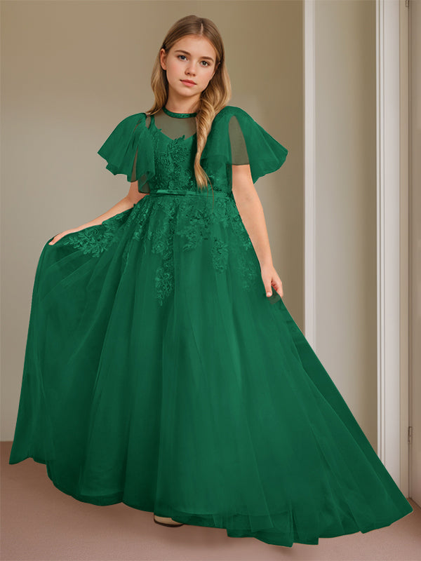 Ball-Gown Jewel Neck Short Sleeves Floor-Length Flower Girl Dress with Lace