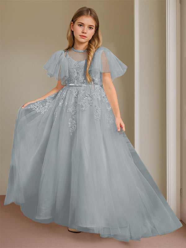 Ball-Gown Jewel Neck Short Sleeves Floor-Length Flower Girl Dress with Lace