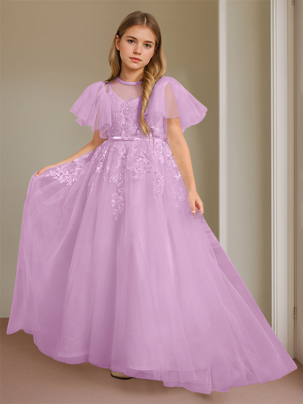 Ball-Gown Jewel Neck Short Sleeves Floor-Length Flower Girl Dress with Lace