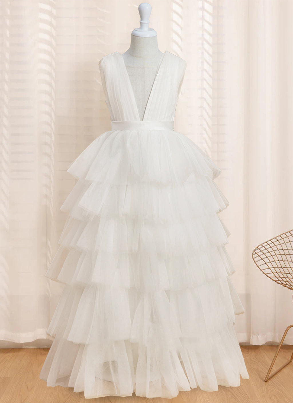 Ball-Gown V-Neck Sleeveless Floor-Length Flower Girl Dress With Ruffles