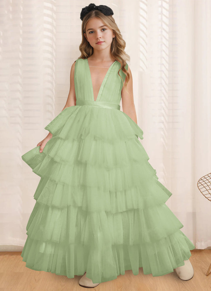 Ball-Gown V-Neck Sleeveless Floor-Length Flower Girl Dress With Ruffles