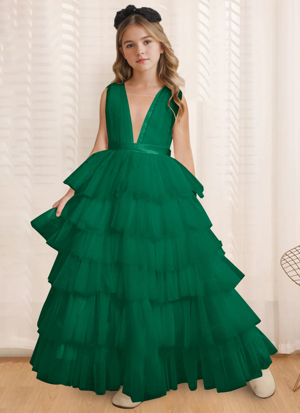 Ball-Gown V-Neck Sleeveless Floor-Length Flower Girl Dress With Ruffles