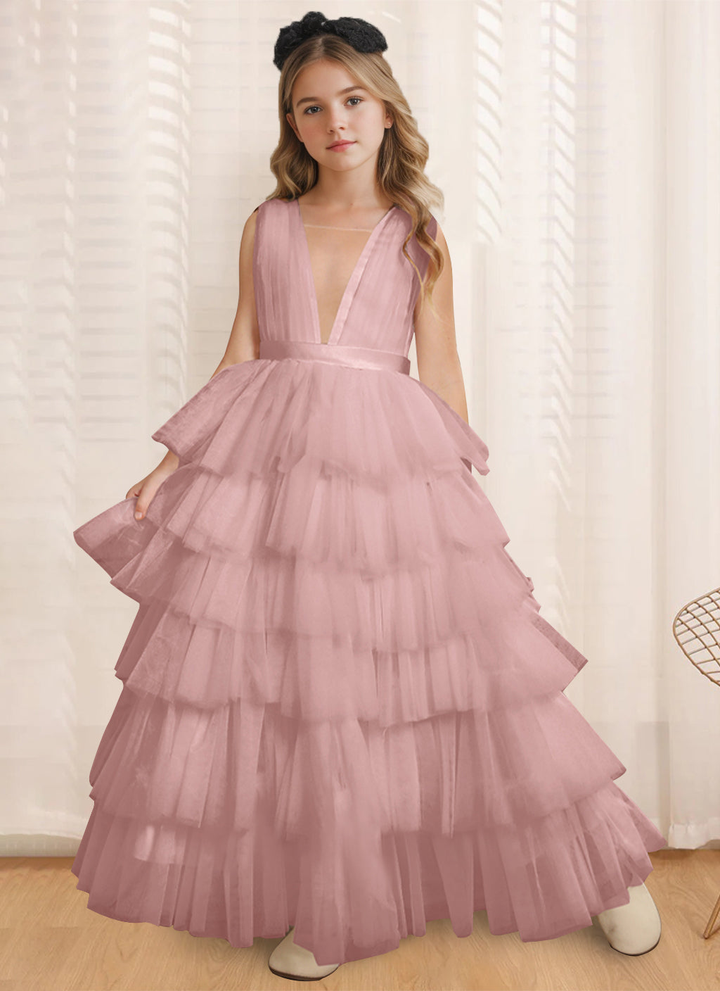 Ball-Gown V-Neck Sleeveless Floor-Length Flower Girl Dress With Ruffles