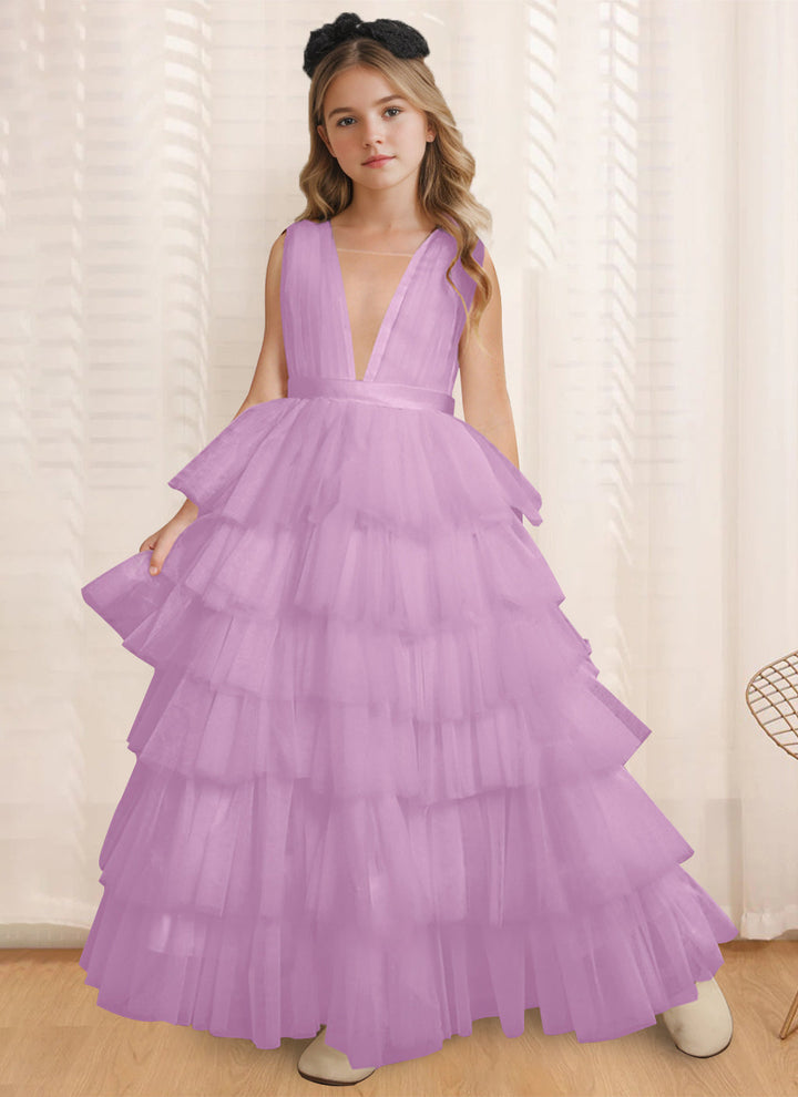 Ball-Gown V-Neck Sleeveless Floor-Length Flower Girl Dress With Ruffles