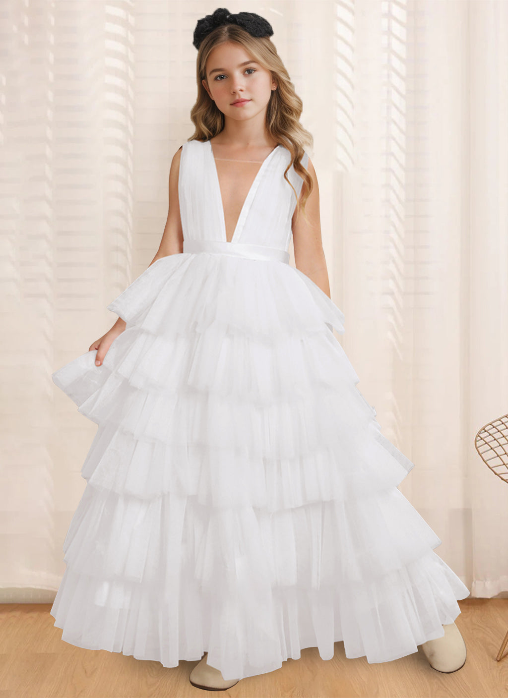 Ball-Gown V-Neck Sleeveless Floor-Length Flower Girl Dress With Ruffles