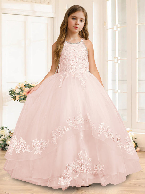 A-Line/Princess Halter Sleeveless Floor-Length Flower Girl Dress with Rhinestone