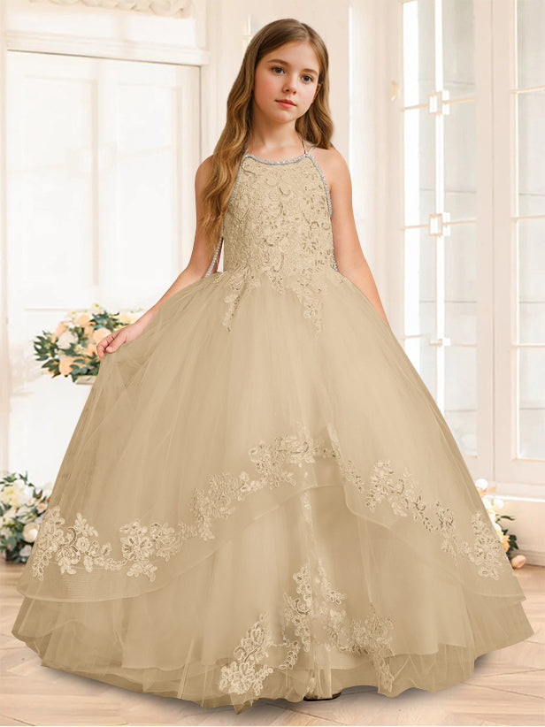 A-Line/Princess Halter Sleeveless Floor-Length Flower Girl Dress with Rhinestone