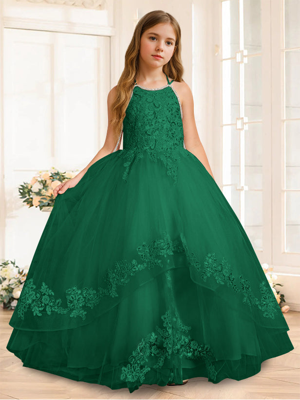 A-Line/Princess Halter Sleeveless Floor-Length Flower Girl Dress with Rhinestone