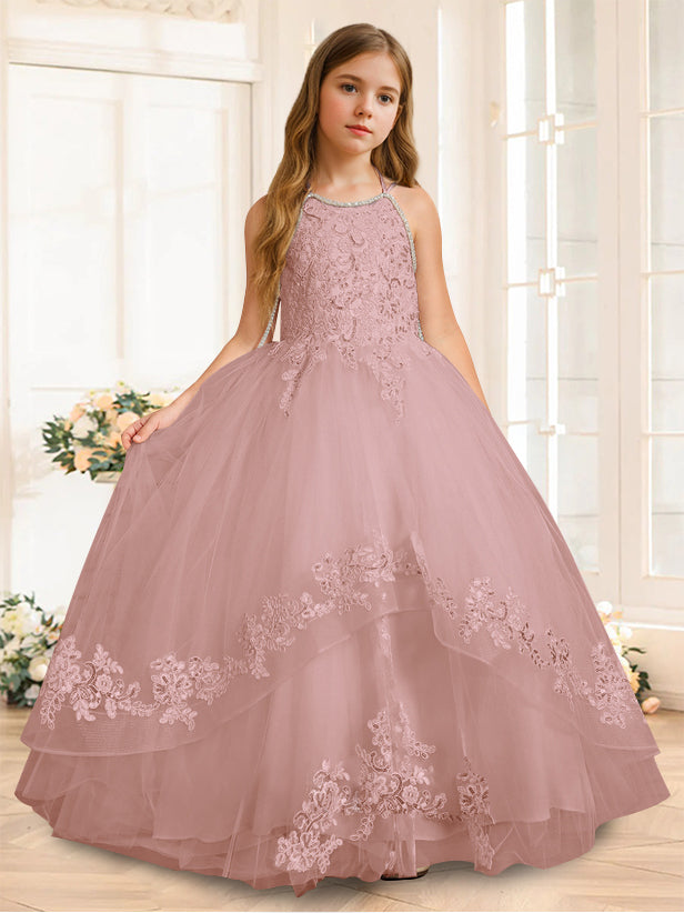 A-Line/Princess Halter Sleeveless Floor-Length Flower Girl Dress with Rhinestone