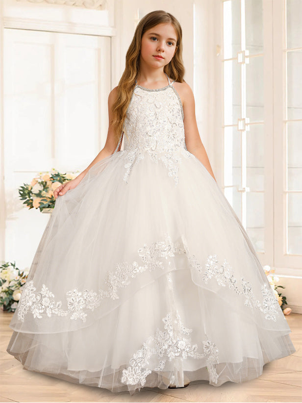 A-Line/Princess Halter Sleeveless Floor-Length Flower Girl Dress with Rhinestone