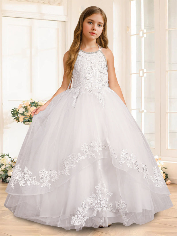 A-Line/Princess Halter Sleeveless Floor-Length Flower Girl Dress with Rhinestone