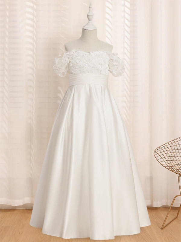 A-Line/Princess Off-the-Shoulder Short Sleeves Floor-Length Flower Girl Dress with Ruffles