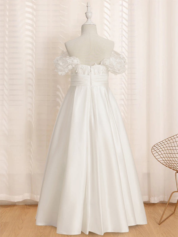 A-Line/Princess Off-the-Shoulder Short Sleeves Floor-Length Flower Girl Dress with Ruffles