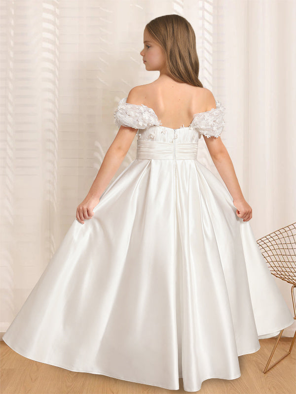 A-Line/Princess Off-the-Shoulder Short Sleeves Floor-Length Flower Girl Dress with Ruffles