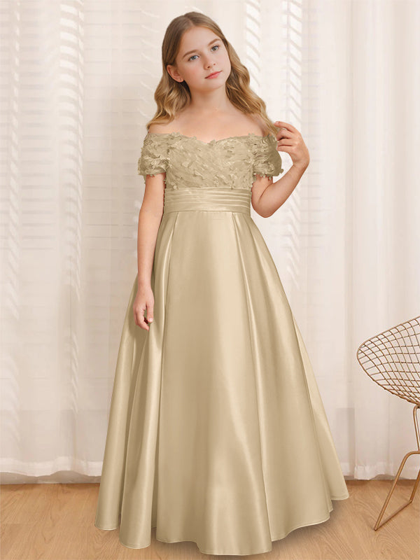 A-Line/Princess Off-the-Shoulder Short Sleeves Floor-Length Flower Girl Dress with Ruffles