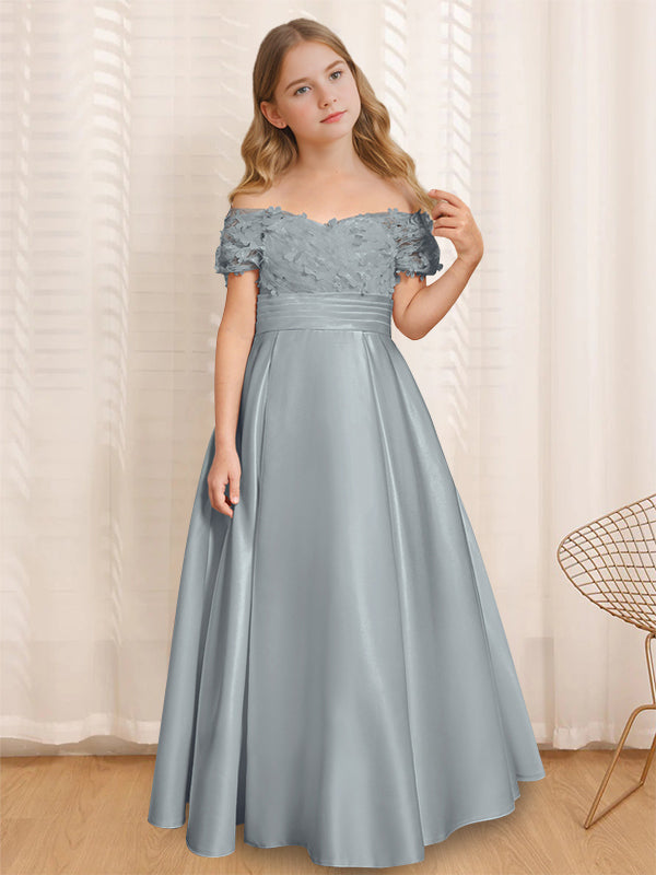 A-Line/Princess Off-the-Shoulder Short Sleeves Floor-Length Flower Girl Dress with Ruffles