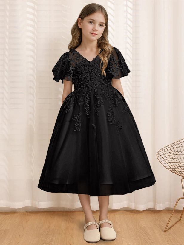 A-Line/Princess V-Neck Short Sleeves Tea-Length Flower Girl Dress with Lace